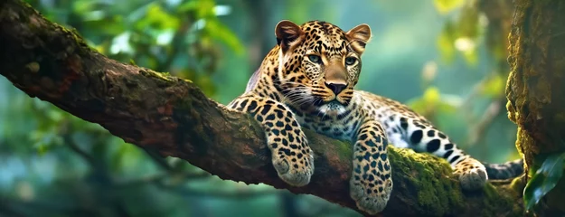 Selbstklebende Fototapeten Majestic Leopard Lounging on a Tree Branch. A leopard rests on a tree branch in a lush forest, its gaze fixed intently forward, surrounded by vibrant green foliage © Igor Tichonow