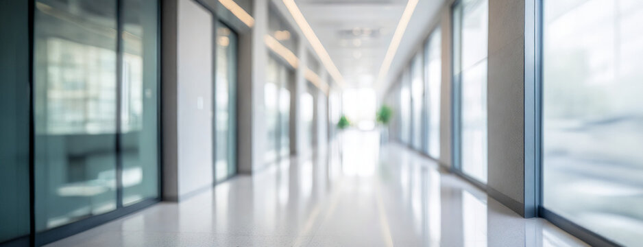 Blurred Corridor in a Modern Building. The image shows a long, bright corridor with glass walls leading towards a light source, creating a blurred effect