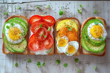 post workout colorful toast snacks flatlay breakfast - obrazy, fototapety, plakaty
