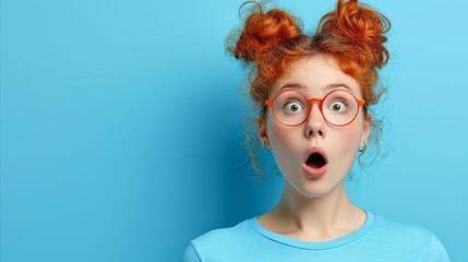 Shocked young woman with red glasses and bun hairstyle on blue background