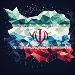 Islamic Republic of Iran national flag in Polyart style, made up of geometric polygons, digital art. Created with generative AI