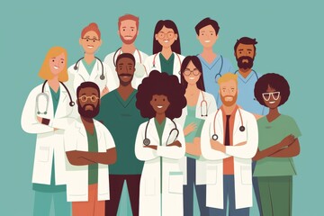 Modern cartoon-style graphic featuring a diverse group of healthcare professionals, emphasizing inclusivity and diversity in the medical field