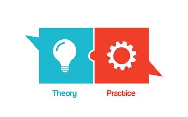 Theory practice symbol in speech bubble. Flat design. 