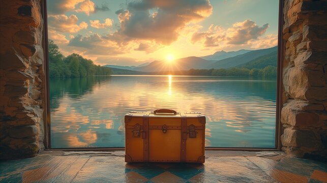 Tranquil sunrise over lake seen from cottage doorway with vintage suitcase - Powered by Adobe