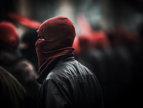 Closeup of a masked antifa protestor