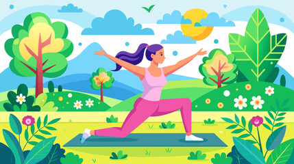 Obraz na płótnie Canvas Outdoor yoga practice vector illustration - woman enjoying nature