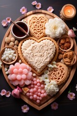 Obraz na płótnie Canvas Board with Crackers Cookies and Various sweets in the shape of a heart. Food photography