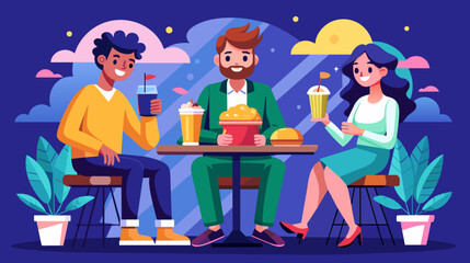 Friends enjoying drinks and snacks at a cafe vector illustration