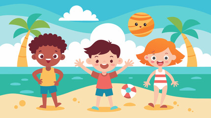 Happy children playing on a sunny beach. Cartoon vector illustration