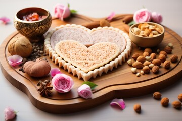 Obraz na płótnie Canvas Board with Crackers Cookies and Various sweets in the shape of a heart. Food photography