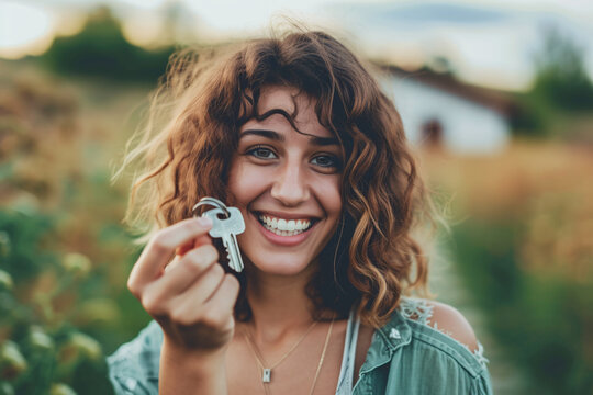 A young woman showing her house key, depicting the concept of home ownership, buying a home or real estate investment