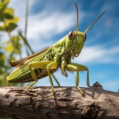 A grasshopper perched on a branch, with its powerful legs ready to jump. Its oversized eyes gaze ahead, capturing a wide-angle view of its surroundings
