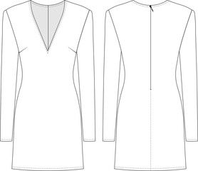 wide v neck long sleeve h line zippered short mini dress template technical drawing flat sketch cad mockup fashion woman design style model