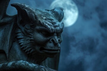 A close-up of a spooky gargoyle statue against a moonlit sky