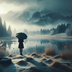 Woman with an umbrella standing by a lake on a winter landscape. Generative AI