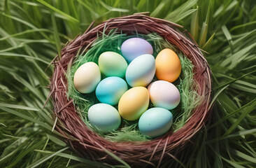Colorful easter eggs in nest with green grass