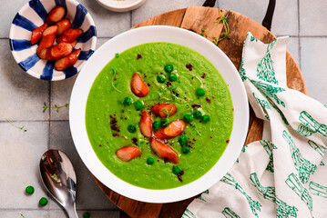 Minestrone soup with pesto.style hugge.selective focus