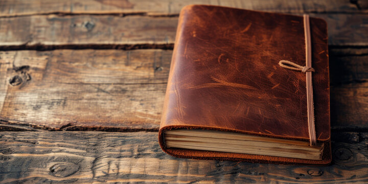Banner featuring a classic leather journal at the side, with extensive copy space.