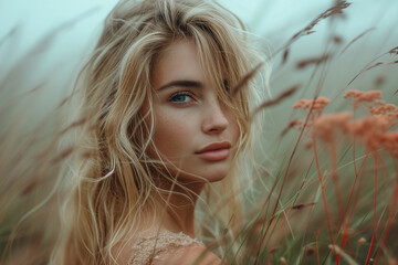  a beautiful blonde girl in a field of tall grass - 720760430