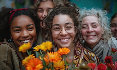 Joyful diverse group of women sharing a moment with bright orange flowers