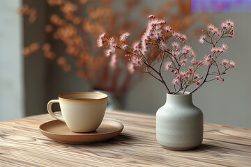 Cup of tea with spring tree branch in vase