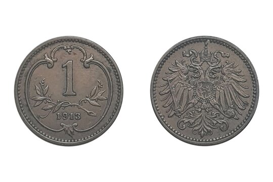 1 Heller 1913 Franz Joseph I. Coin of Austrian Empire. Obverse The double headed imperial eagle with Habsburg-Lorraine shield on breast. Reverse Value above sprays, date below, within curved stylised 