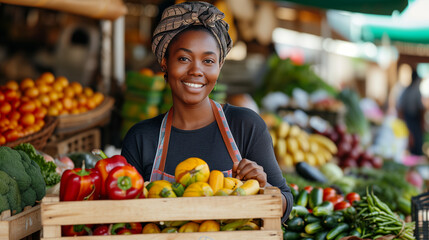 Portrait of a Black Female Working at a Farmers Market Stall with Fresh Organic Agricultural Products. African Businesswoman Holding a Crate with Fruits and Vegetables, Looking at Camera and Smiling - obrazy, fototapety, plakaty