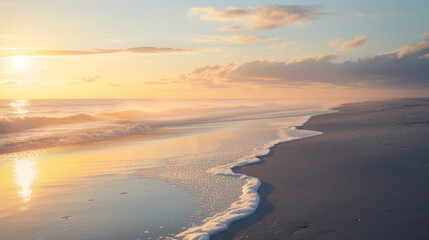 A serene and empty beach at sunrise.