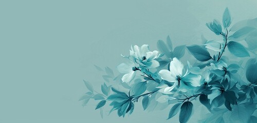 Against a muted teal background, abstract flowers in shades of aqua and turquoise create a tranquil...
