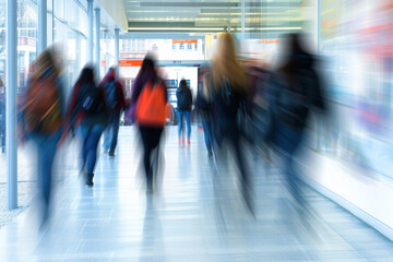 College students rushing to class, motion blur, college life