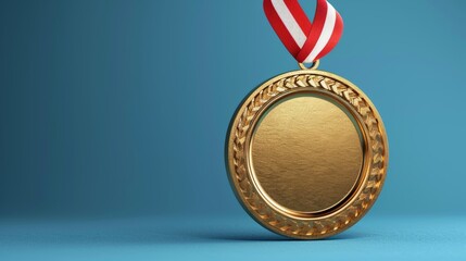 Gold medal with a striped ribbon on a solid background, symbolizing the highest honor in competitive achievements.