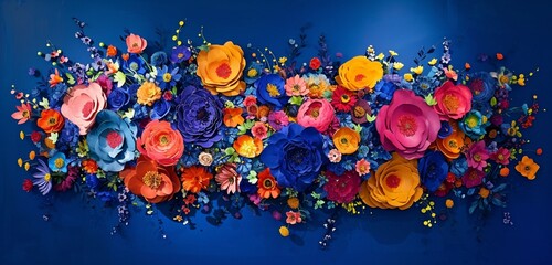 Against a royal blue wall, vibrant bursts of abstract flowers burst forth, creating a dynamic interplay of color and form that captivates the eye.