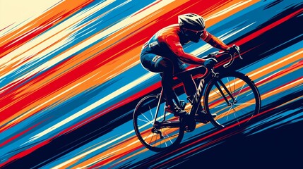 An athlete on a bicycle races forward with a streak of vibrant, dynamic lines, suggesting high velocity and competitive spirit.