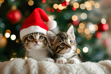 2 Cute kitten infront of a christmas tree with a christmas hat - obrazy, fototapety, plakaty
