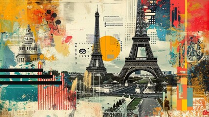 Artistic rendition of Paris and the Eiffel Tower in a vibrant collage style, symbolizing the city's rich cultural tapestry.