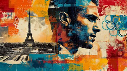  Collage blending a portrait and Paris landmarks with Olympic rings, a vibrant celebration of sports and culture.