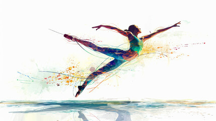 Graceful ballet dancer silhouette with a multicolored splash effect, capturing the essence of dance and movement.