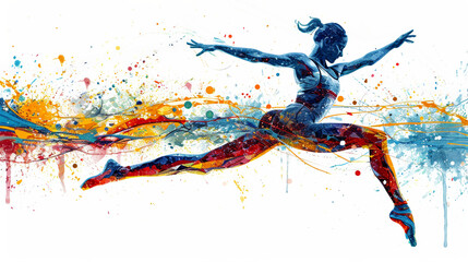 A dancer extends in a leap, her form styled in blue hues against a backdrop of vivid paint splashes.