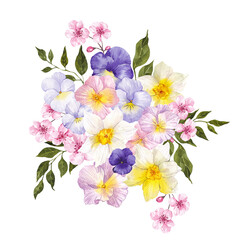 Watercolor hand draw bouquet with spring first flowers, tulips, lilac, snowdrop, sakura, crocuses, pansies. Isolated on transparent background. PNG files
