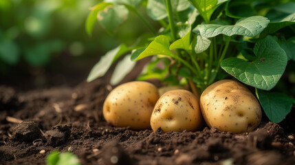 Close-up photograph of potatoes in the ground - obrazy, fototapety, plakaty