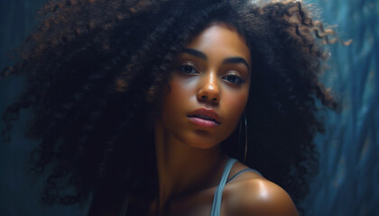 Young woman with curly brown hair looking at camera confidently generated by AI