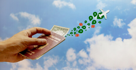 Tourism and travel concept, passport against a sky background with flight and luggage...
