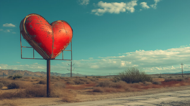 Retro landscape with old heart shaped road billboard. Valentine's day background