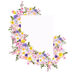 Watercolor hand draw frame with first spring flowers and leaves. Tulips, lilac, snowdrop, sakura, crocuses, pansies isolated on transparent background, PNG files.