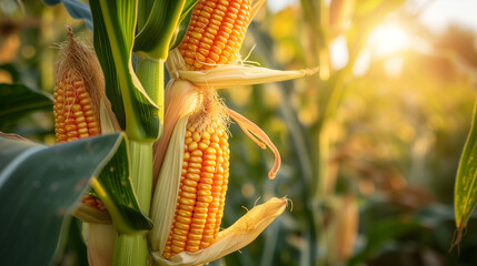 Close-up photograph of corn cobs in cornfield