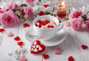 Obraz na płótnie Canvas background white wooden tea hearts decorative candy Cup flowers white