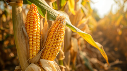 Close-up photograph of corn cobs in cornfield