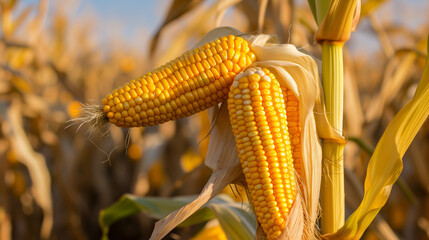 Close-up photograph of corn cobs in cornfield