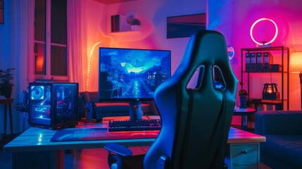 Computer Gaming PC on video gaming desk in dark room with neon light. Futuristic modern workplace of internet blogger, streamer or computer gamer. Monitor, transparent computer, chair, ring light - obrazy, fototapety, plakaty