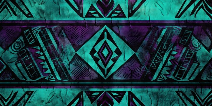 Orchid, teal, and onyx seamless African pattern, tribal motifs grunge texture on textile background